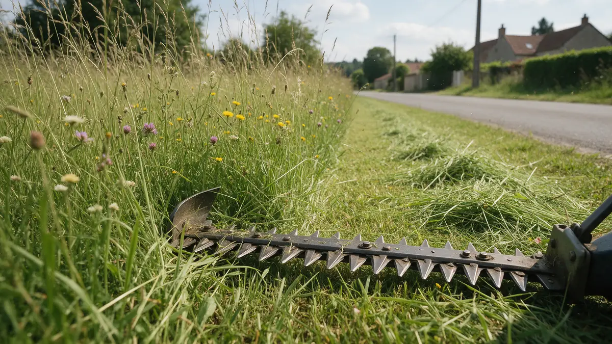 Barre de coupe de motofaucheuse fauchant l'herbe haute d'un accotement routier en campagne