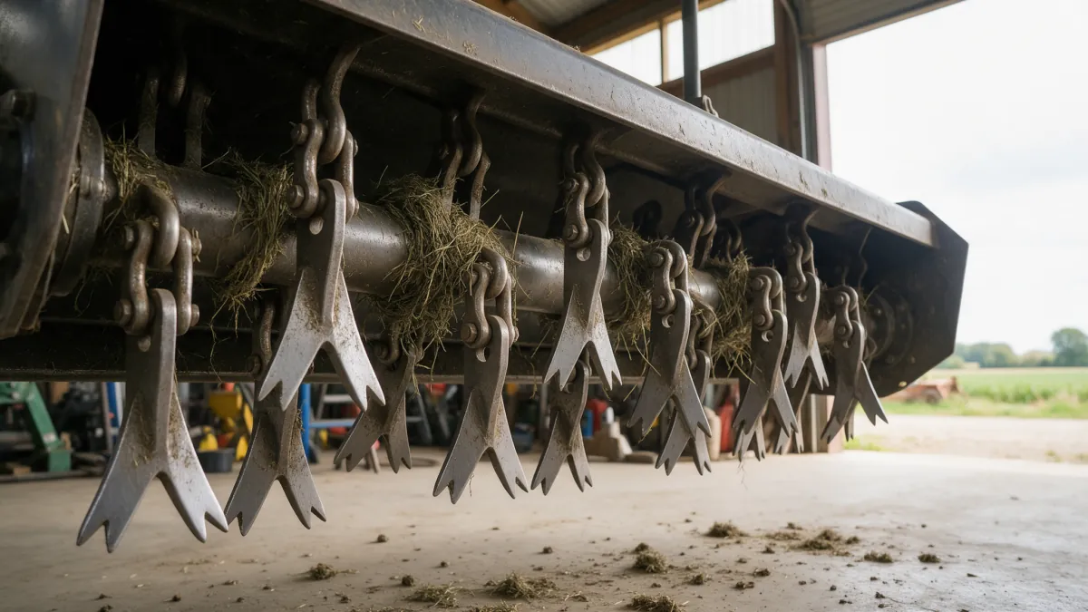 Mécanicien contrôlant les fléaux en Y montés sur le rotor d’un broyeur à fléaux