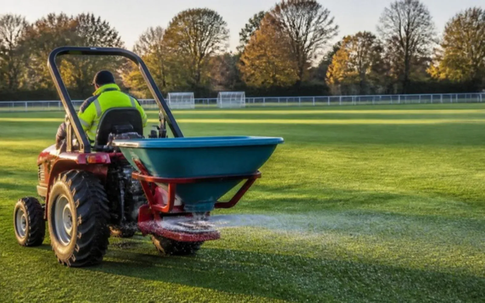 Épandeur engrais tracteur sur un terrain de sport Micro tracteur équipé d'un épandeur à engrais centrifuge fertilisant un terrain de sport municipal