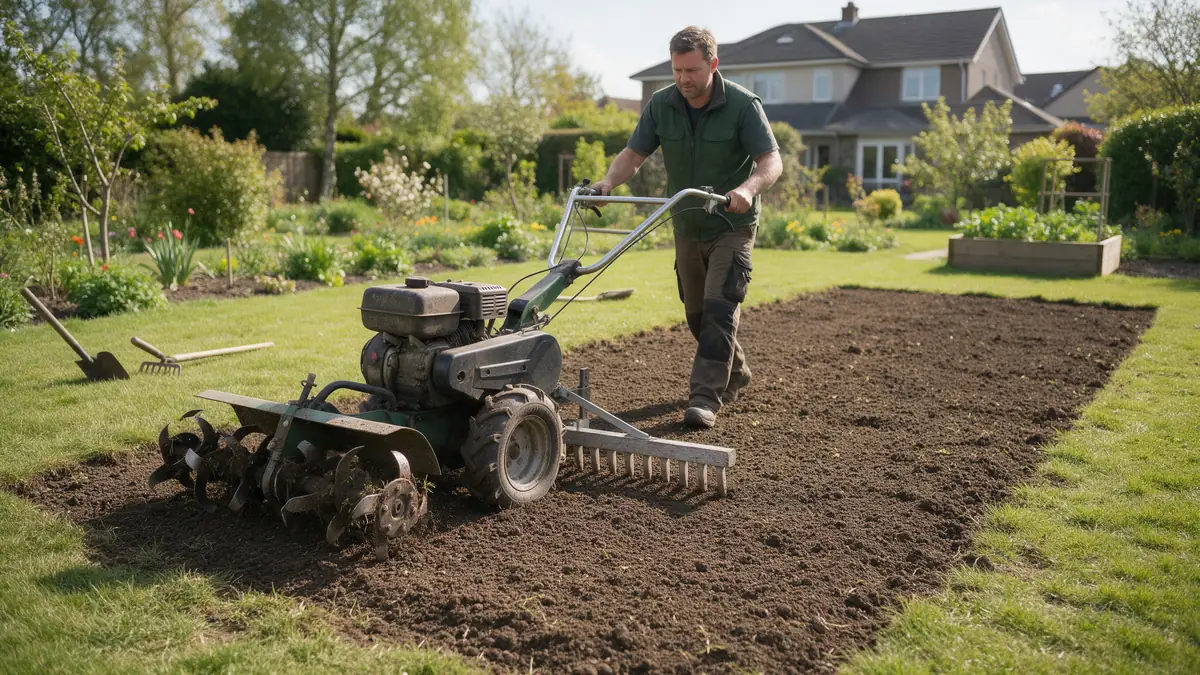 Paysagiste utilisant une herse rotative sur motoculteur pour préparer le sol d'une future pelouse