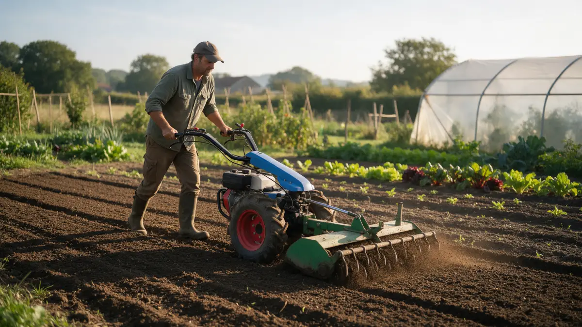 Maraîcher préparant un lit de semence avec une herse rotative montée sur un porte-outils