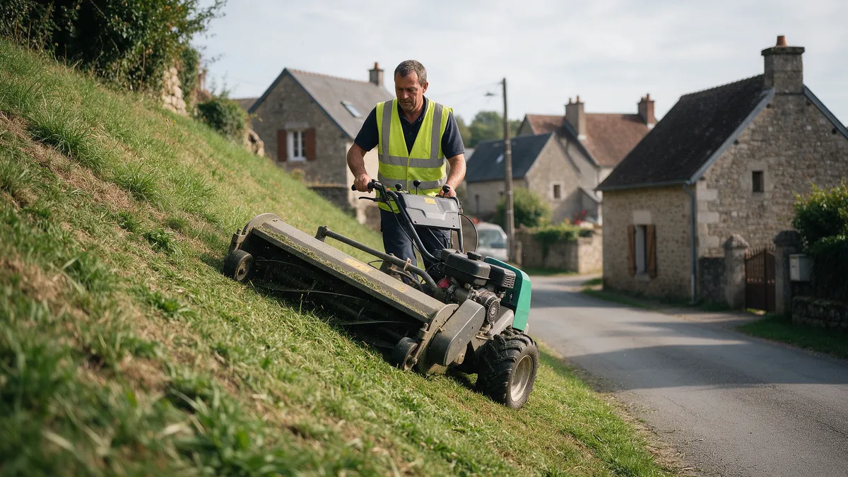 Agent communal utilisant une moto faucheuse sur un talus pentu en bord de route de village