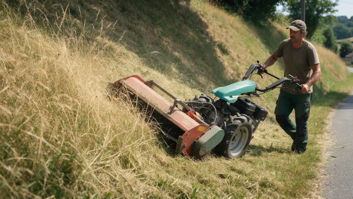 Motoculteur porte-outils à roues jumelées équipé d'un broyeur à fléaux fauchant un talus en pente