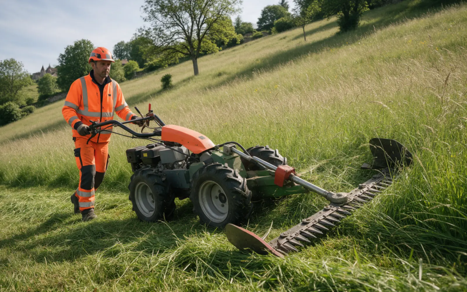 Motofaucheuse professionnelle en fauchage dans une prairie en pente Opérateur guidant une motofaucheuse professionnelle à barre de coupe dans une prairie en pente