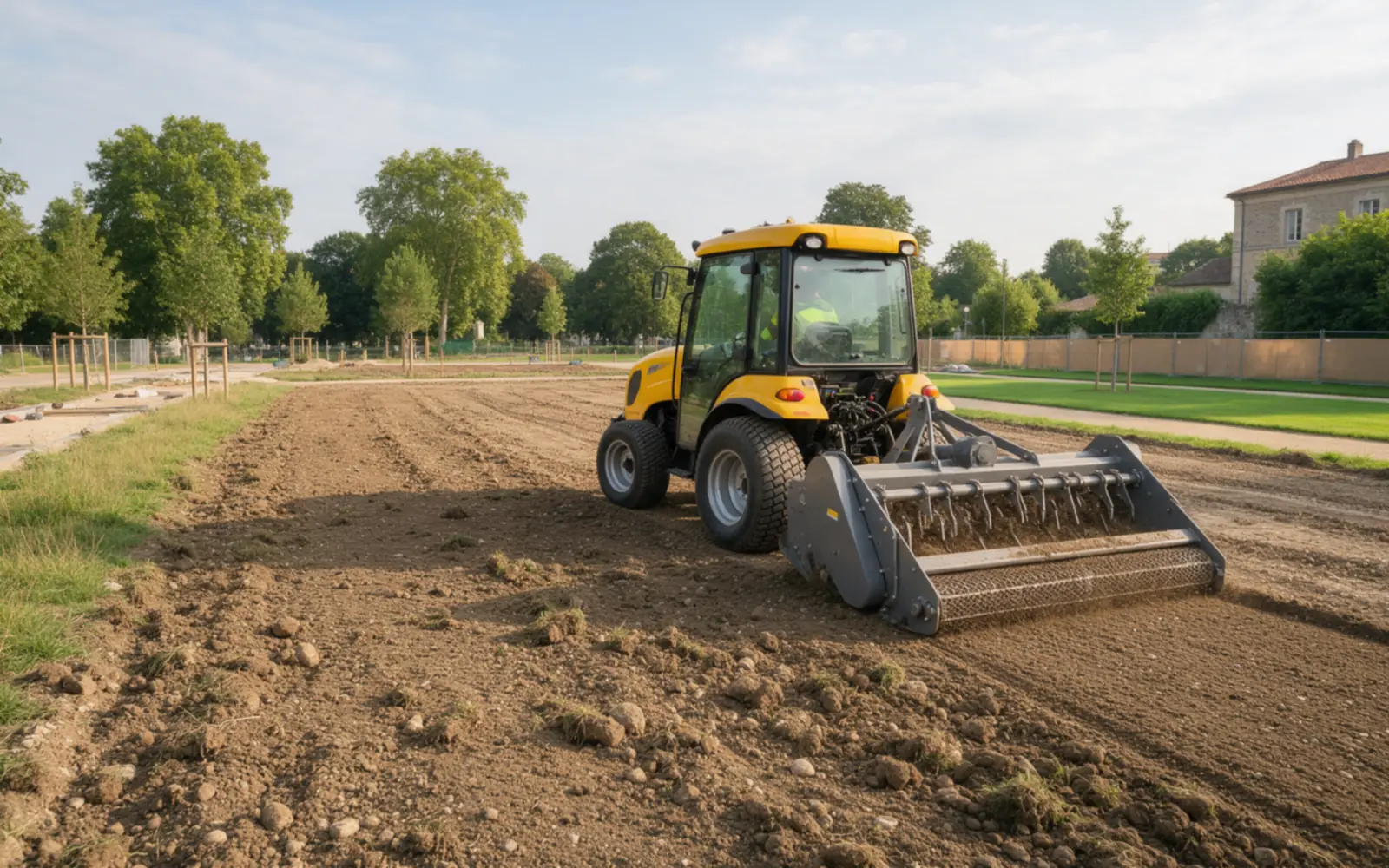 Préparateur de sol sur tracteur compact dans un parc en création Tracteur compact équipé d’un préparateur de sol nivelant un terrain de parc avant engazonnement